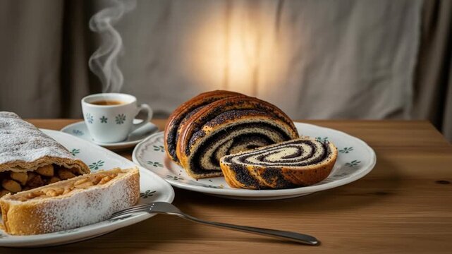 Warm, freshly baked poppy seed and apple strudel pastries served with espresso on a wooden table.