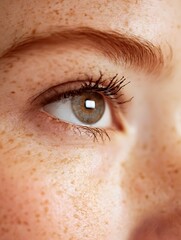 Fototapeta premium Eye close-up with natural lashes softly glowing against a white background. Minimal and clean style.