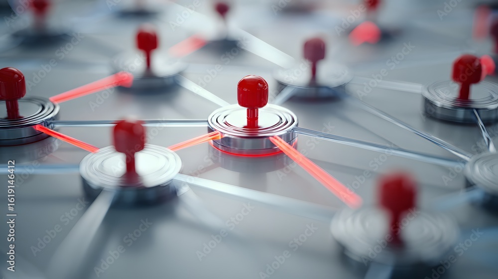 Poster network of interconnected metallic components with glowing red lines.
