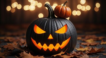 Fototapeta premium Photo of a spooky black halloween pumpkin with a glowing face sits among fallen leaves creating a festive autumn scene