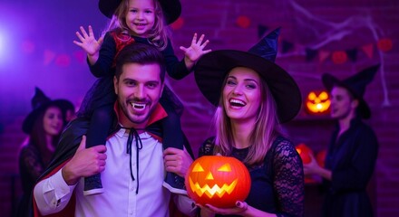 Photo of a happy family dressed in halloween costumes are celebrating the holiday with a carved pumpkin and having fun at a party