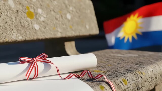 Rolled white paper scroll with red and white ribbon on textured stone bench with blurred flag background.
