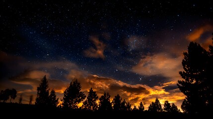 Naklejka premium Silhouettes of trees against a night sky full of stars and colorful clouds.