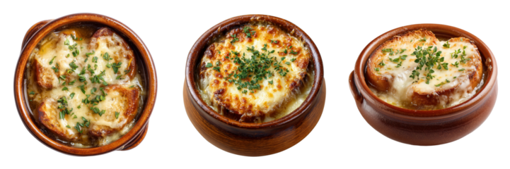 Set of French onion soup with melted cheese and herbs garnish in bowl isolated on a transparent background