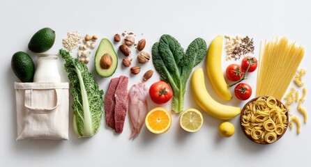 A vibrant flatlay showcasing diverse healthy foods  fruits, vegetables, proteins, grains, and dairy, arranged on a white background in a visually appealing composition