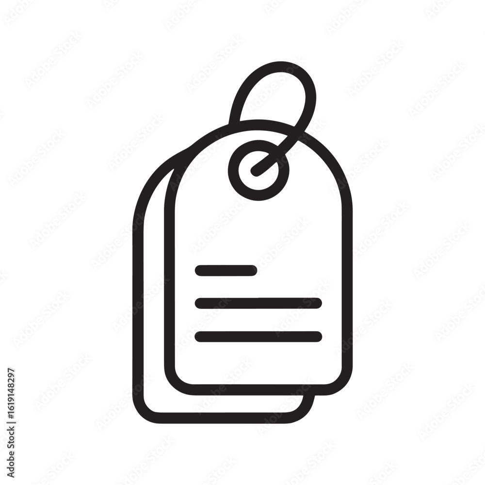 Poster simple black and white icon of two tags stacked with rounded edges and faux text on top one