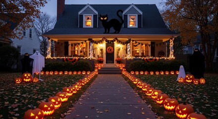 Photo of a festive house is decorated with carved pumpkins and ghosts for a spooky halloween celebration