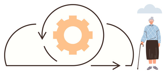 Elderly woman with a cane beside a cloud graphic featuring a gear and arrows. Ideal for technology, innovation, aging, adaptability, progress, integration, education. Minimalist flat metaphor