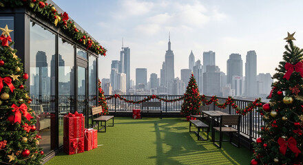 Christmas decorated rooftop with city skyline view and gifts on the artificial grass surface