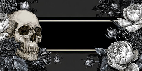 Halloween banner with skull and flowers, gothic, black and silver, wide, copyspace