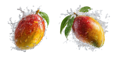 Set of Mango in the air with water splash isolated on a transparent background