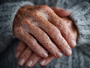 Fototapeta premium Close-up of aging female hands with age spots and visible veins,