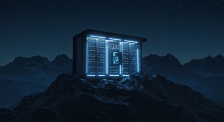 Futuristic data center atop mountain, illuminated server racks under starry sky landscape