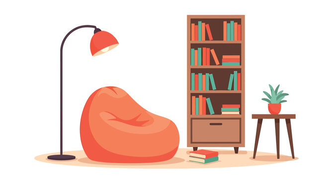 A cozy reading nook featuring a plush orange beanbag chair, an arc floor lamp, and a bookshelf filled with colorful books, with a small plant on a side table.