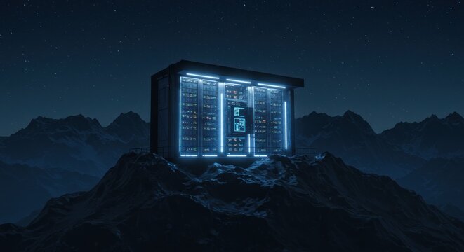 Futuristic data center atop mountain, illuminated server racks under starry sky landscape