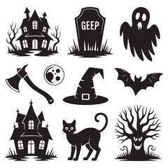 Obraz premium Collection of halloween themed icons isolated on white background, including a haunted house, tombstone, ghost, axe, moon, witch hat, bat, cat, and spooky tree