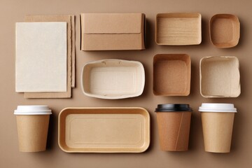 Fototapeta premium Flatlay of various sizes and shapes of eco-friendly brown cardboard food packaging and paper cups on a neutral background