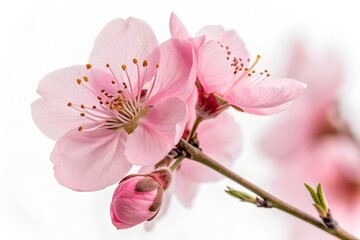 Close up of beautiful pink cherry blossoms isolated on white background