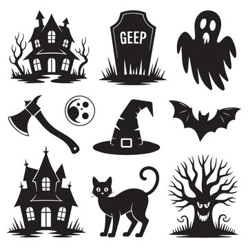 Collection of halloween themed icons isolated on white background, including a haunted house, tombstone, ghost, axe, moon, witch hat, bat, cat, and spooky tree