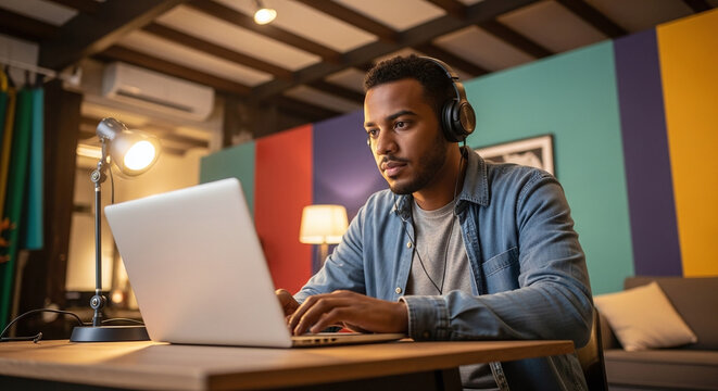 Man with headphones using laptop at desk with lamp in colorful room working or studying online