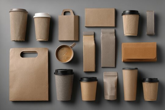 Flatlay of various shades of brown eco-friendly takeaway coffee cups, bags, and packaging on a grey background