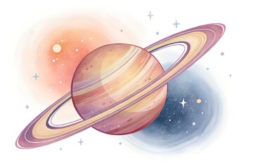 Watercolor illustration of saturn planet with rings isolated on white background