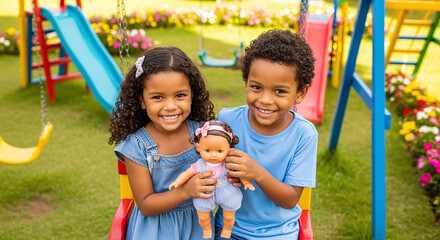 Two smiling children holding a doll in front of a playground with slides and swingset equipment