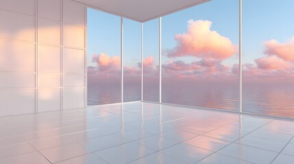 Fototapeta premium Empty, modern room with panoramic ocean view.