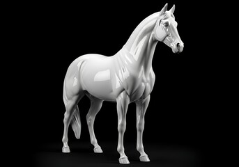 Glossy White Ceramic Horse Sculpture in Standing Pose – Elegant Porcelain Figurine with Muscular Detail, Symbolic Equine Art for Modern Decor or Collectors on Black Background