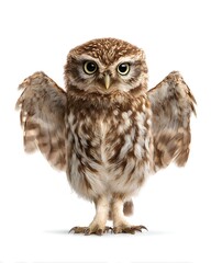 Naklejka premium A small owl spreading its wings, captured mid-movement. Dynamic and eye-catching for motion-related designs.