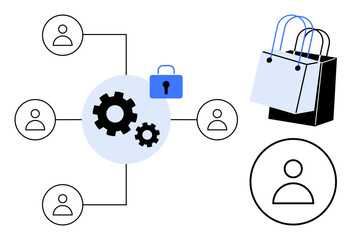 Network of human user icons connected to gears and a lock, adjacent to shopping bags. Ideal for online shopping, cybersecurity, customer management, network collaboration, user privacy, digital
