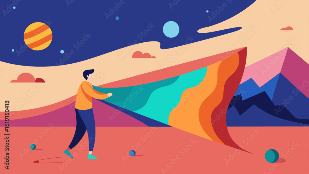 Poster collapsing reality an illustrated scene where a character is pulling apart a large canvas that repre
