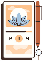 Smartphone screen displaying meditation app with lotus graphic, playback controls, pen, and magnifier. Ideal for mindfulness, wellness, self-care, apps, relaxation productivity simple flat metaphor