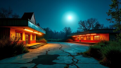 Abandoned amusement park buildings at night in desolate setting