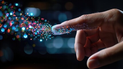 Human finger interacting with digital light grid, showing innovation and human-machine synergy