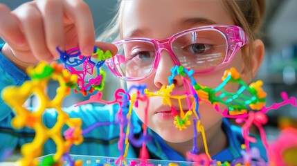 Bright-eyed girl in glasses inspects colorful 3D-printed model, STEM education inspiration