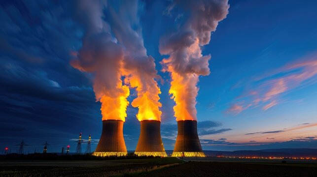 Three glowing cooling towers emit steam into the night sky, illuminated nuclear plant at dusk