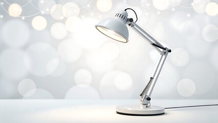 Illuminated white desk lamp against a bokeh background image