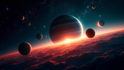 Obraz premium Planets aligning over red alien landscape