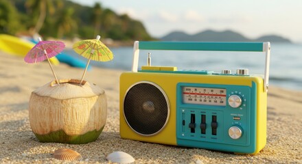 Vibrant vintage radio and coconut drink capture the essence of beachside relaxation