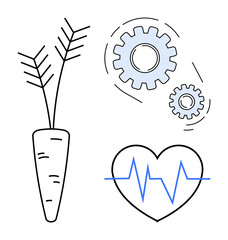 Carrot symbolizes health, gears represent system functionality, and heartbeat signifies vitality. Ideal for wellness, nutrition, fitness, health management, efficiency, balance and motivation