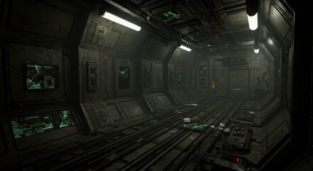 Worn metallic corridor ambiance evoking space station desolation and eerie futuristic aesthetics