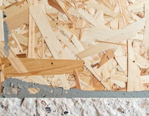 Close Up of Oriented Strand Board Wall with Concrete at Bottom for Modern Industrial Design