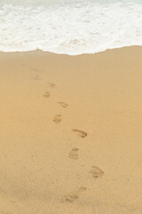 Footprints coming out of the sea and wave in the sand. Vertical format. End of vacation concept. 