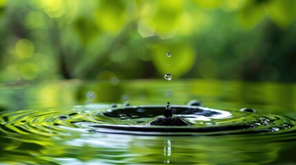 Macro shot of black drop hitting surface, creating ripples against vivid green background