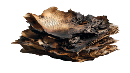 Burned ancient book pages charred text history loss