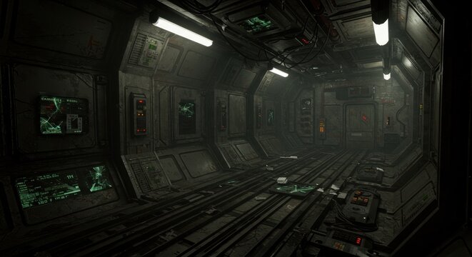 Worn metallic corridor ambiance evoking space station desolation and eerie futuristic aesthetics