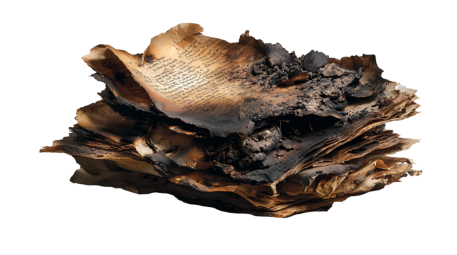 Burned ancient book pages charred text history loss