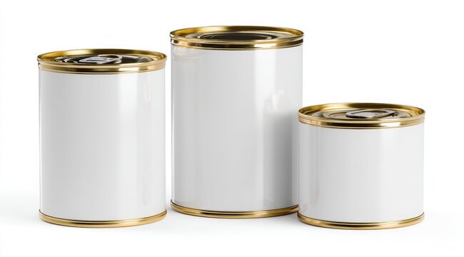 Three blank white cylindrical cans with gold-colored tops and bottoms, decreasing in size from left to right, isolated on a white background