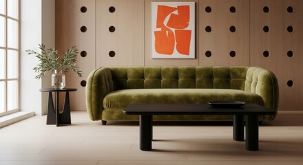 Stylish Modern Living Room Interior with Olive Green Sofa Wood Paneling and Abstract Art